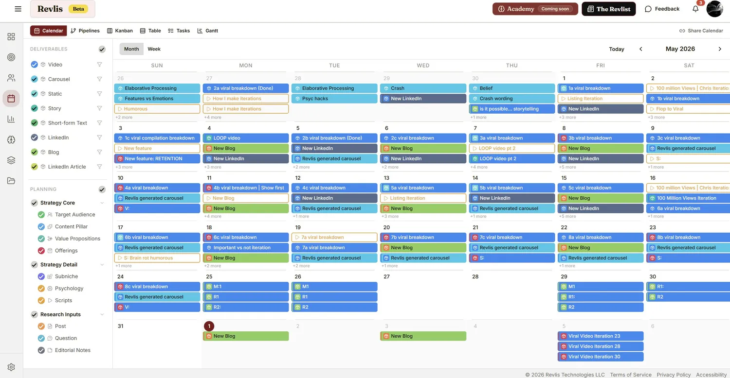 Revlis content calendar month view showing color-coded video, carousel, and planning deliverables across May 2026 with a strategy and research sidebar