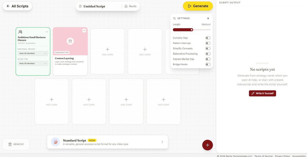 Revlis Script Generator canvas with strategy cards, video style, and generation settings